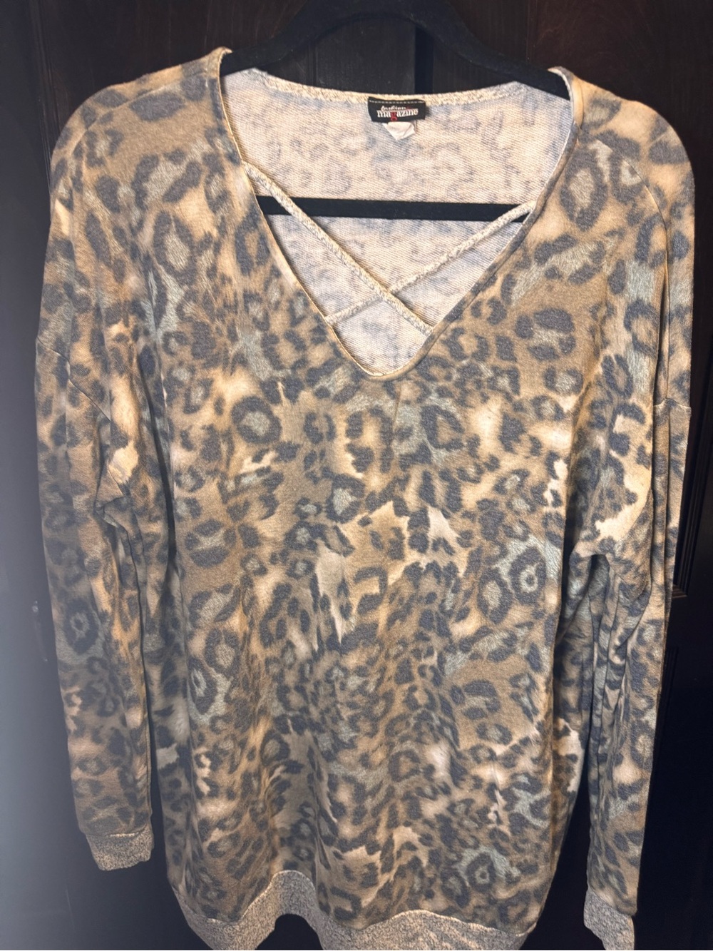Olivia Moon Taupe and Gray Leopard Print V-Neck Top